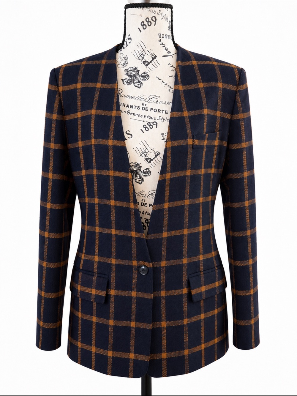 Anne Klein II Wool Cashmere Plaid Blazer Navy Camel Size 12